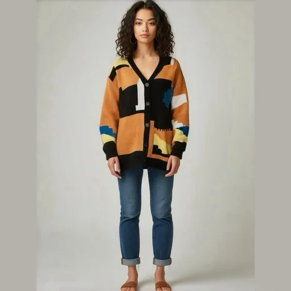 Fore Abstract Colorful Vneck Cardigan Sweater Size XL - Picture 2 of 8